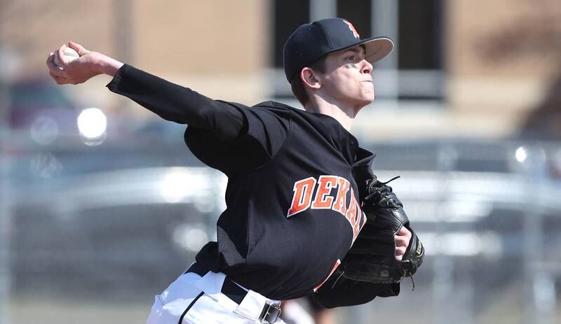 DeKalb’s Jackson Kees delivers a pitch during their game against Dixon Tuesday, March 28, 2023, at DeKalb High School.