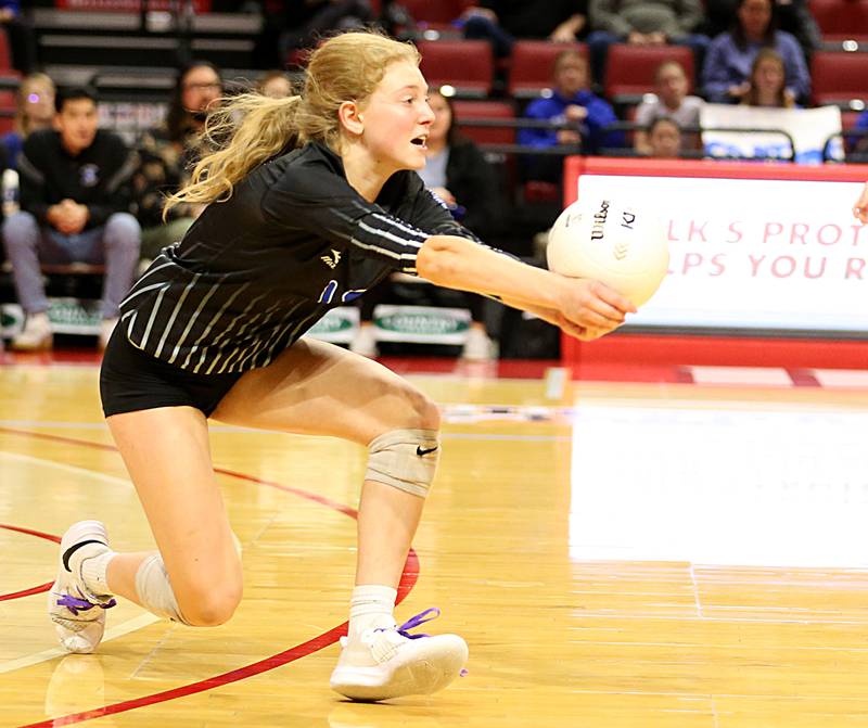 St. Francis's Catherine D'Orazio saves the ball in play against Joliet Catholic in the Class 3A semifinal game on Friday, Nov. 11, 2022 at Redbird Arena in Normal.