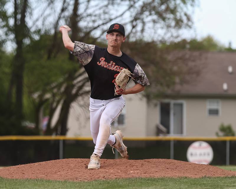 Sandwich's Chance Lange (27) delivers a pitch during baseball game between Sandwich at Plano.  May 8, 2024