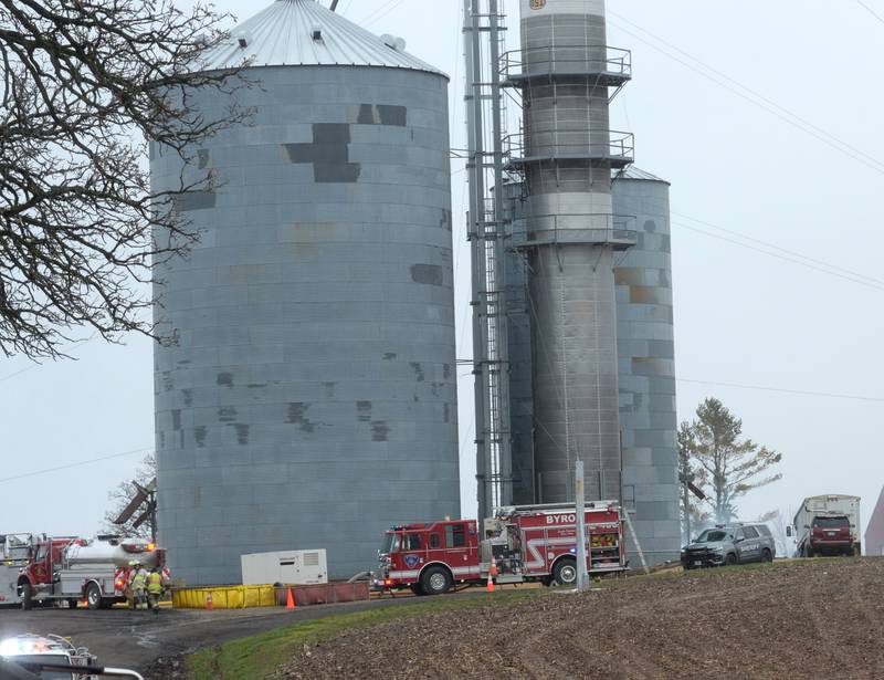 Fire fighters from several area departments battled a structure fire behind these silos on Wednesday, April 3, 2024 at 2990 W. Lightsville Road, northeast of Leaf River. The fire was at the end of a private lane about one mile north of Lighthouse Road.