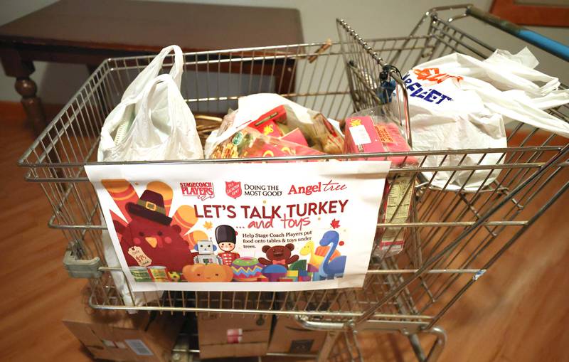 Some of the items donated to the Stage Coach Players outreach committee at the theater in DeKalb Tuesday, Nov. 15, 2022, for their Thanksgiving food drive. The group is working with the Salvation Army to put together Thanksgiving meals for local families in need.