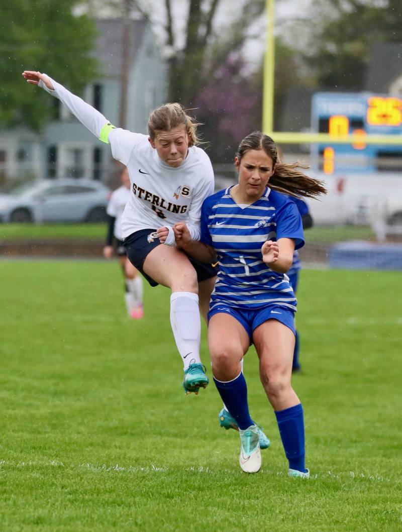 Princeton's Olivia Sandoval and Sterling's Tatiana Ibarra (5) battle Thursday at Bryant Field. The Tigresses won 3-1.