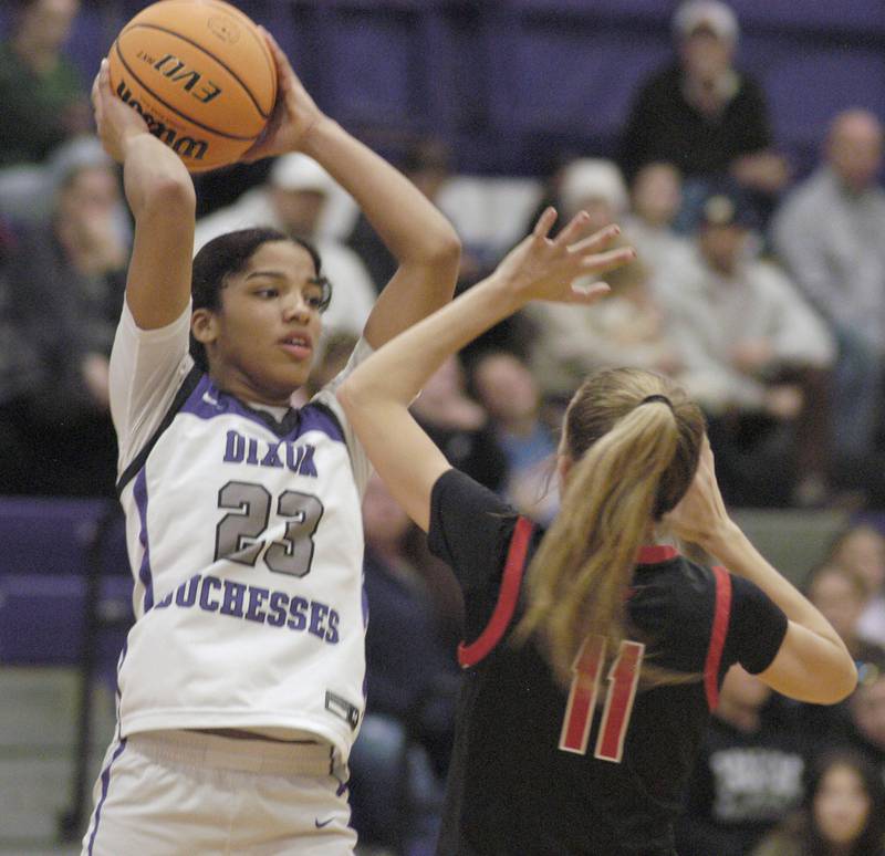 Ahmyrie McGowan of Dixon brings the ball past a defender..  The Dixon Duchesses played  the Stillman Valley Cardinals in the third place game of the Dixon Holiday Tournament at Dixon High School on Monday, December 29th, 2025.