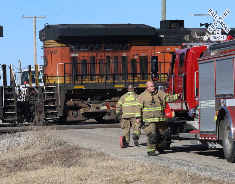 Toluca-Rutland firefighters begin to depart the scene of a BNSF locomotive that was leaking fuel near the intersection of 2900 East Street and 500 North Avenue on Wednesday, Feb. 18, 2026 near Toluca. A Mutual Aid Box Alarm System (MABAS) call was sent out shortly after 1p.m but canceled.