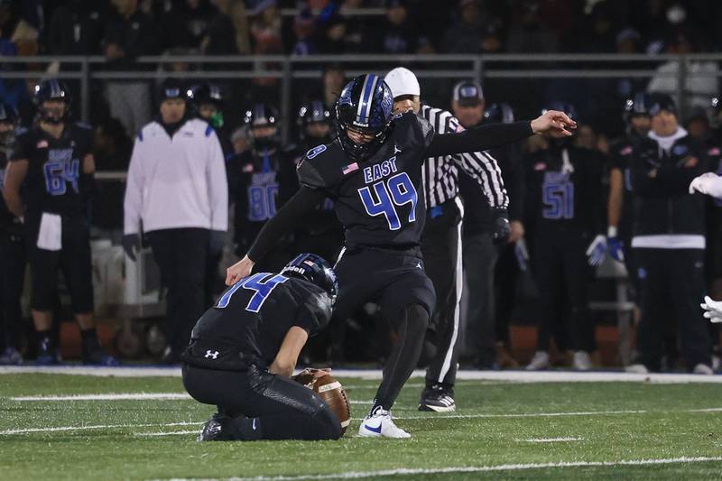 Lincoln-Way East’s Grant Urban kicks a 43 yard field goal against Loyola in the Class 8A semifinal on Saturday, Nov. 23, 2024 in Frankfort.
