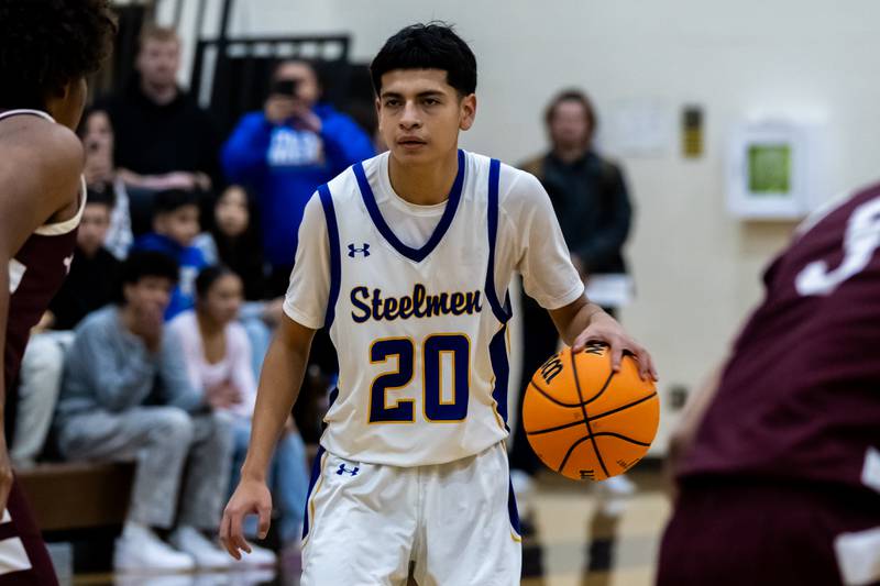 Joliet Central's Valentin Conejo waits for a play to develop during a WJOL Thanksgiving Classic Boys Basketball game against Lockport at the University of St. Francis’s Pat Sullivan Center in Joliet on Nov. 24, 2025.