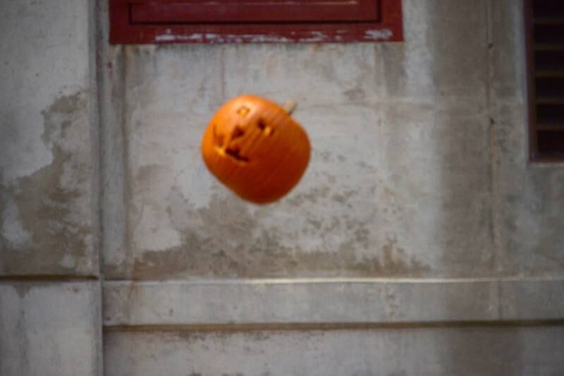 A Jack-O-Lantern heads toward the bullseye during the Byron Fire Department's annual Pumpkin Smashing Event on Wednesday, Nov. 1, 2023.