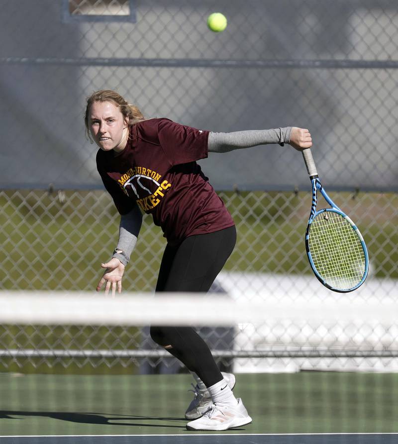 Richmond Burton's Savannah Webb returns a shot to Grayslake Central's Karishma Bhalla during the 5th place match in 1A singles at the IHSA State girls tennis finals at Buffalo Grove High School Saturday October 23, 2021.