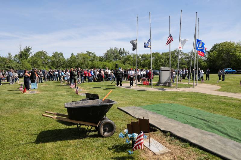 Over 100 attendees gather for a ceremony dedicated to the late John Kirnbauer, a veteran whose ashes went unclaimed for five years, on Monday, May 26, 2025, at Kankakee Memorial Gardens.