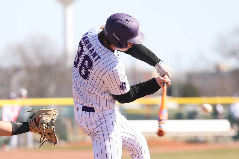 Joliet Junior College’s Zack Tarrant connects against Illinois Valley in game one of their double-header at the Wolves home opener on Sunday Mar. 3rd, 2024 in Joliet.