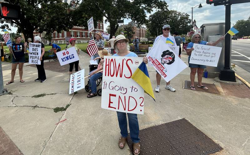Around 60 people took part in Indivisible of Ogle County's rally Saturday, Aug. 16, 2025 in Oregon to protest policies and executive orders by President Donald Trump and his administration. The event was the sixth rally held in Oregon this year.