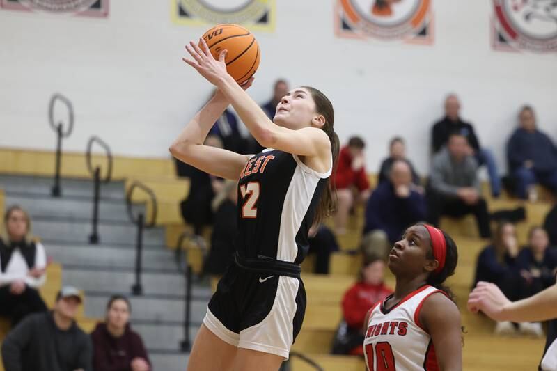 Lincoln-Way West’s Caroline Smith puts up a shot against Lincoln-Way Central on Tuesday, Jan 28, 2025 in New Lenox.
