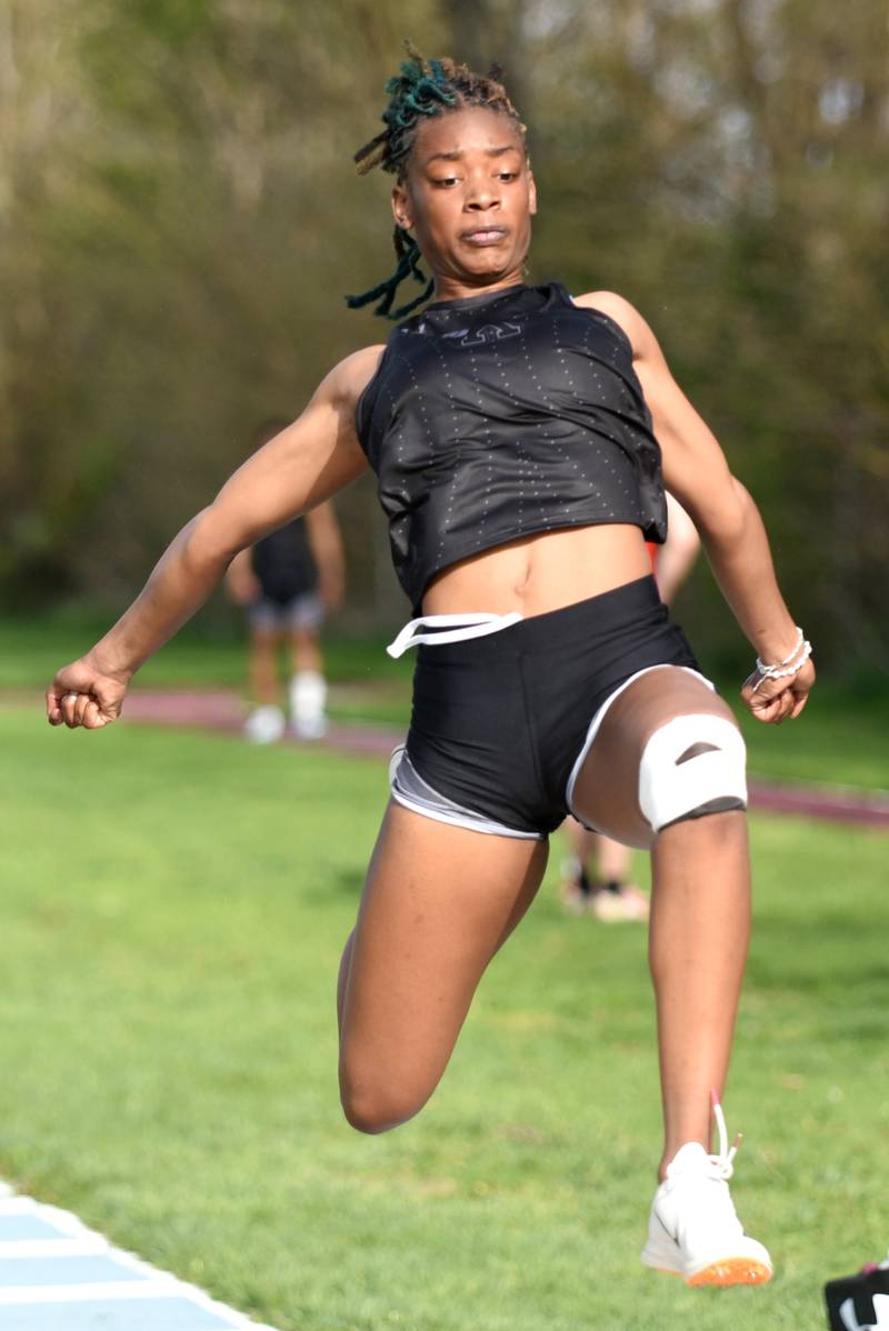 Kankakee's Shania Johnson competes in the long jump during the All-City track and field meet at Kankakee Monday, April 28, 2025.