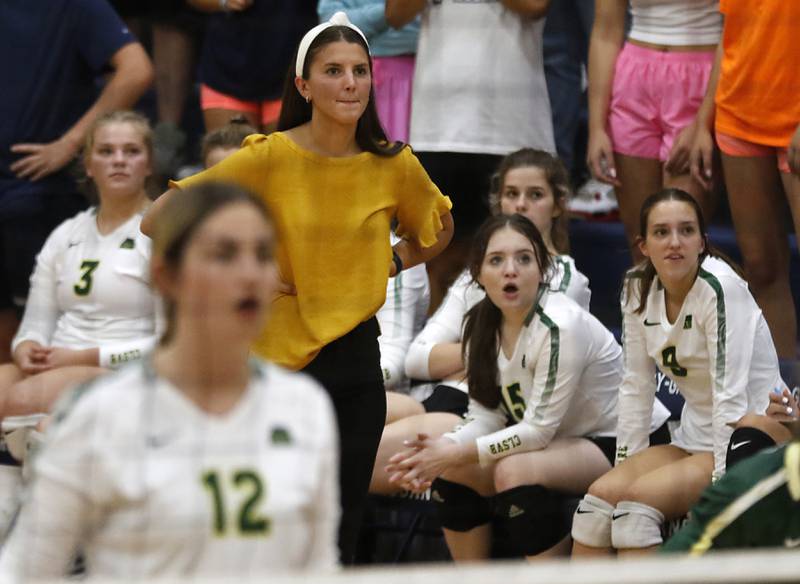 Crystal Lake South first year head coach Annie Moore watches her team play during a Fox Valley Conference volleyball match Thursday, Aug. 25, 2022, between Cary-Grove and Crystal Lake South at Cary-Grove High School.