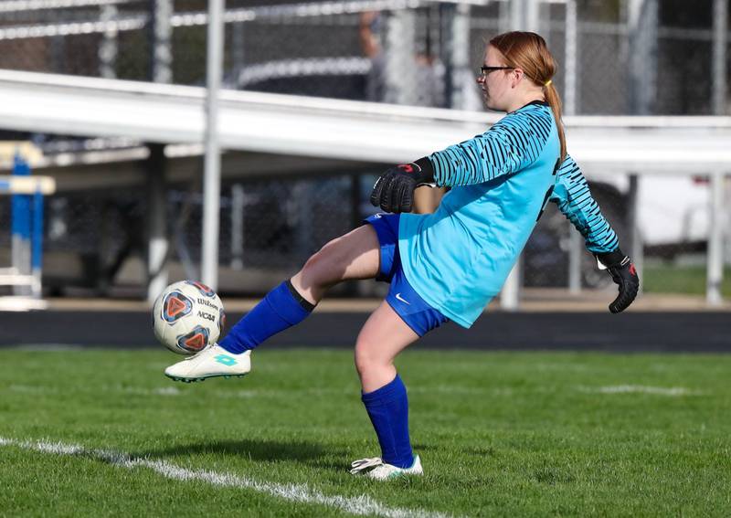 Princeton keeper Jayden Sims boots the ball Thursday at Bryant Field.