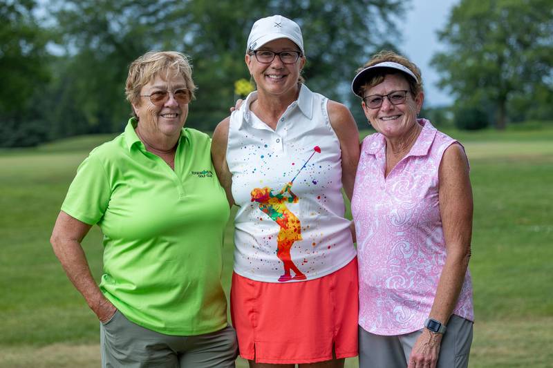 Jackie Charlier (from left), Mary Scheri and Barb Houston of the Championship Class pose for group photo on Saturday, August 10, 2025 at the annual Illinois Valley Women's Golf Tournament at Edgewood Golf Club in McNabb.