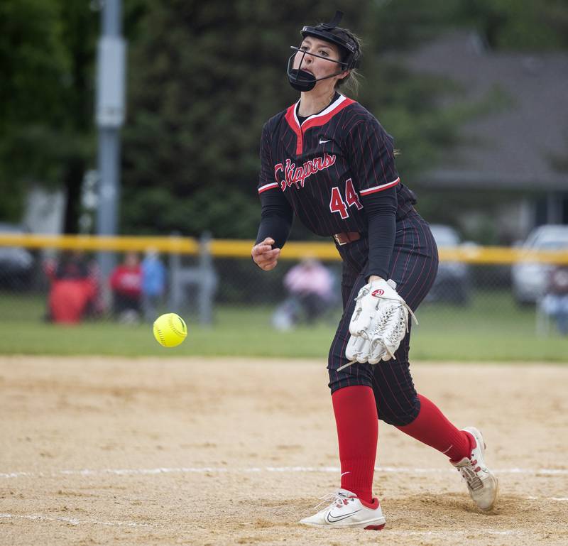 Amboy’s Tinley Whitney fires a pitch against Fulton Wednesday, May 21, 2025, during a Regional semifinal softball game.