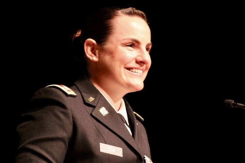 U.S. Army Capt. Taylor J-Beebe Cox, 29, with Army Sustainment Command, was the keynote speaker for the Veterans Day ceremony held Friday, Nov. 11, 2021, at Sterling High School Centennial Auditorium.
