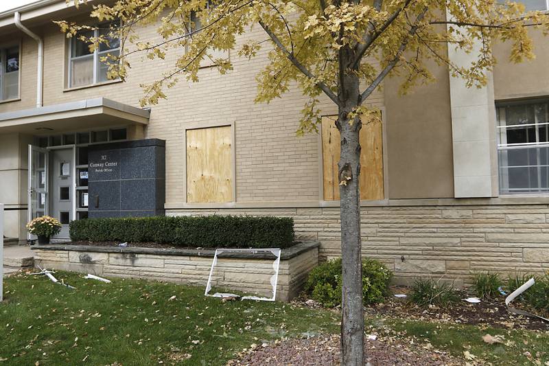 Damage to the Conway Center in the 300 block of Lincoln Avenue on Tuesday, October 10, 2023, after an explosion following a gas leak in the area leveled one home as caused several fires.