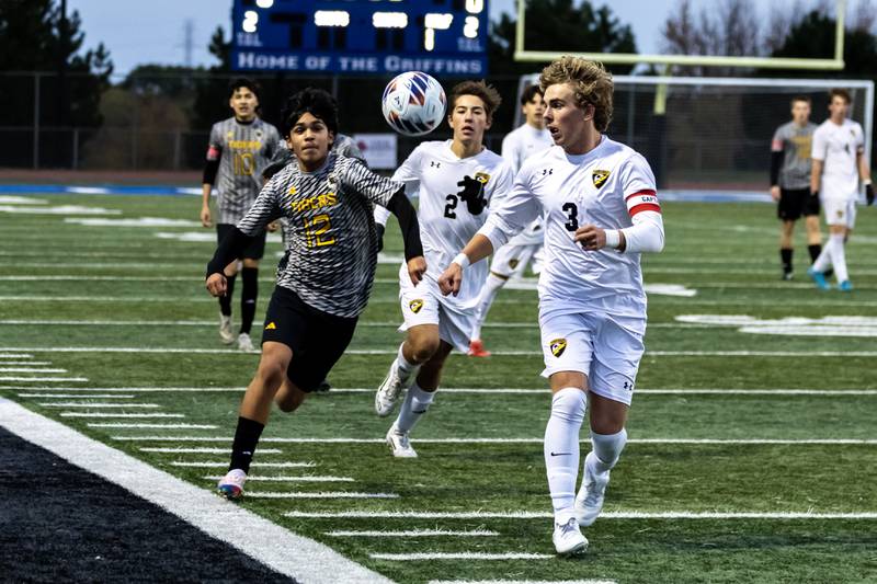 Joliet West's Alan Martinez and Andrew's Vince Swedberg fight for control of the ball during the 3A L-W East Regional boys varsity soccer match at Lincoln-Way East on Oct. 21, 2025.