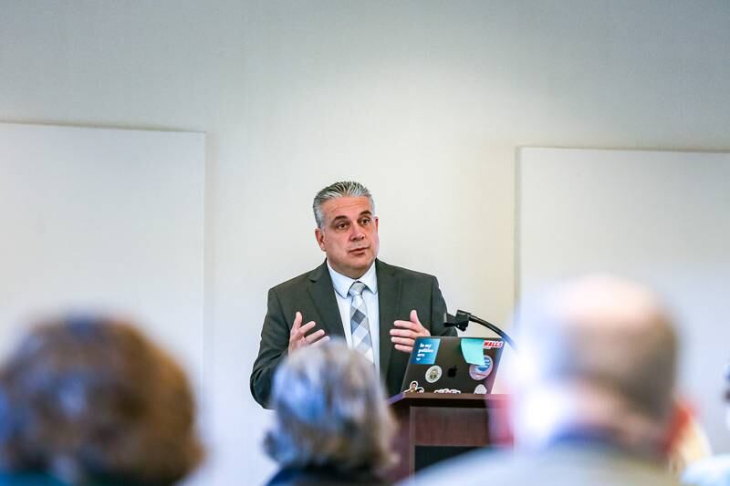 Prime Healthcare Government Relations Senior Director speaks at the Community Town Hall to discuss Prime HealthCare's acquisition of Saint Joseph Hospital. Oct 16, 2024 in Joliet.