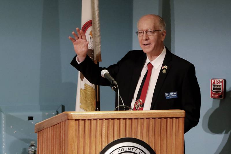 Democratic U.S. Rep. Bill Foster greets the crowd as he arrives for a town hall on Wednesday, April 16, 2025, at McHenry County College's Luecht Auditorium in Crystal Lake.