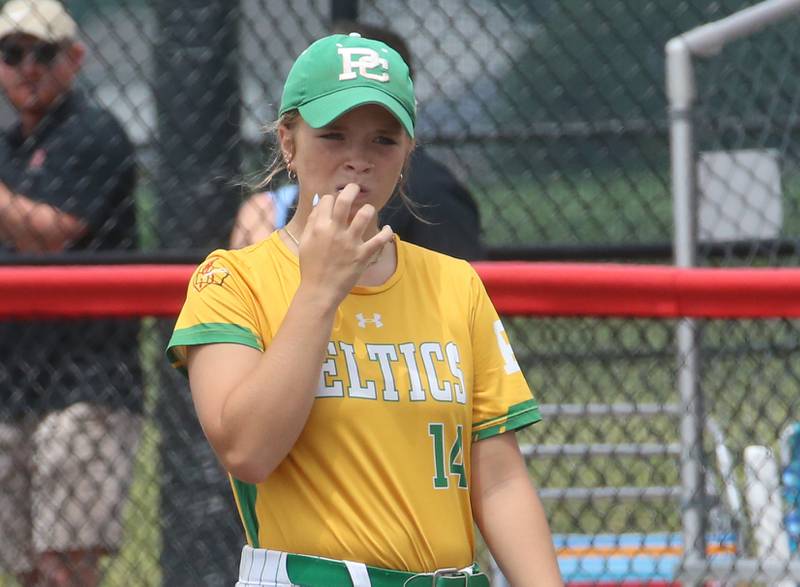Providence Catholic's Ava Misch reacts after making an error against Chatham during the Class 3A State finals game on Saturday, June 14, 2025 at the Louisville Slugger Sports Complex in Peoria.
