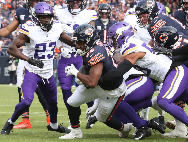 Chicago Bears running back Darrynton Evans carries the ball as he is brought down by Minnesota Vikings linebacker Jordan Hicks on Sunday, Oct. 15, 2023 at Soldier Field.