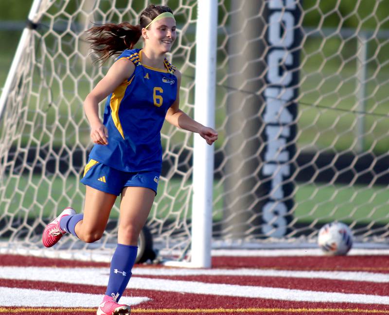 Johnsburg’s Liz Smith races back after scoring the Skyhawk’s third goal of the game against North Shore Country Day in IHSA Class 1A Sectional Title Game action at Richmond-Burton High School in Richmond on Tuesday, May 27, 2025.