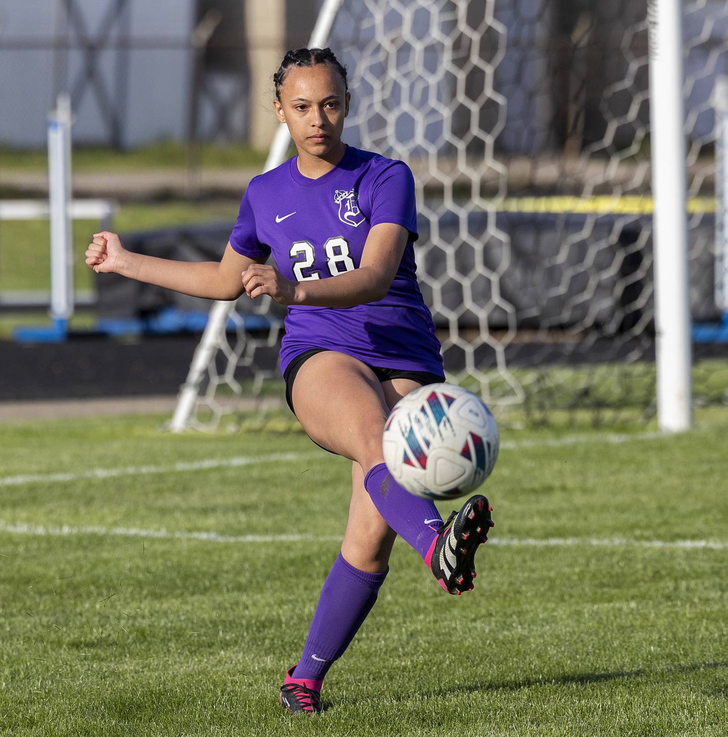 Dixon’s Kamille Prather boots the ball upfield against Oregon on Thursday, April 25, 2024 at Dixon High School.