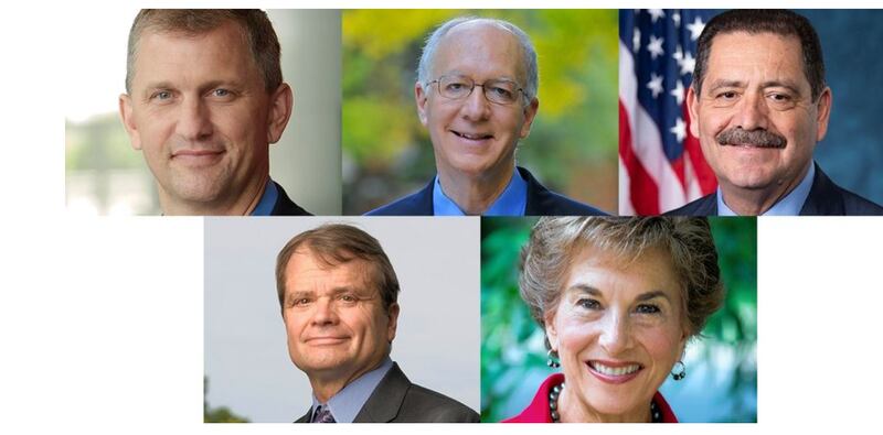Top from left: Democratic U.S. Reps. Sean Casten, Bill Foster and Jesus "Chuy" Garcia are facing primary challenges in March 2024. Bottom from left: So are Democratic U.S. Reps. Mike Quigley and Jan Schakowsky.