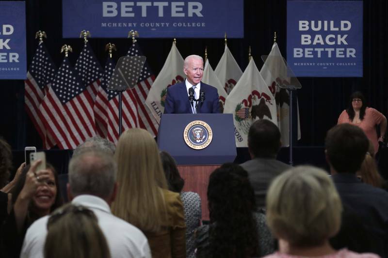 President Joe Biden speaks Wednesday, July 7, 2021, at McHenry County College in Crystal Lake.