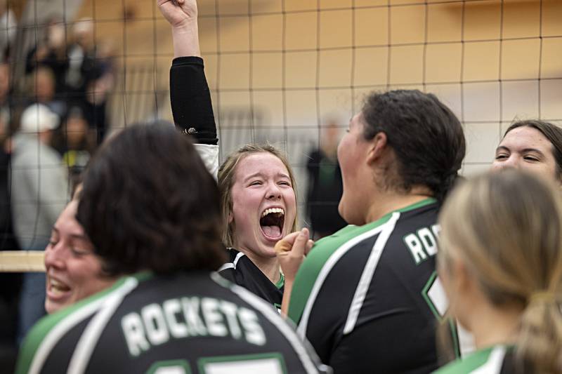 The Rock Falls volleyball team celebrates after beating Chicago Christian in two sets Friday, Nov. 3, 2023 in the class 2A volleyball supersectional in Sandwich.