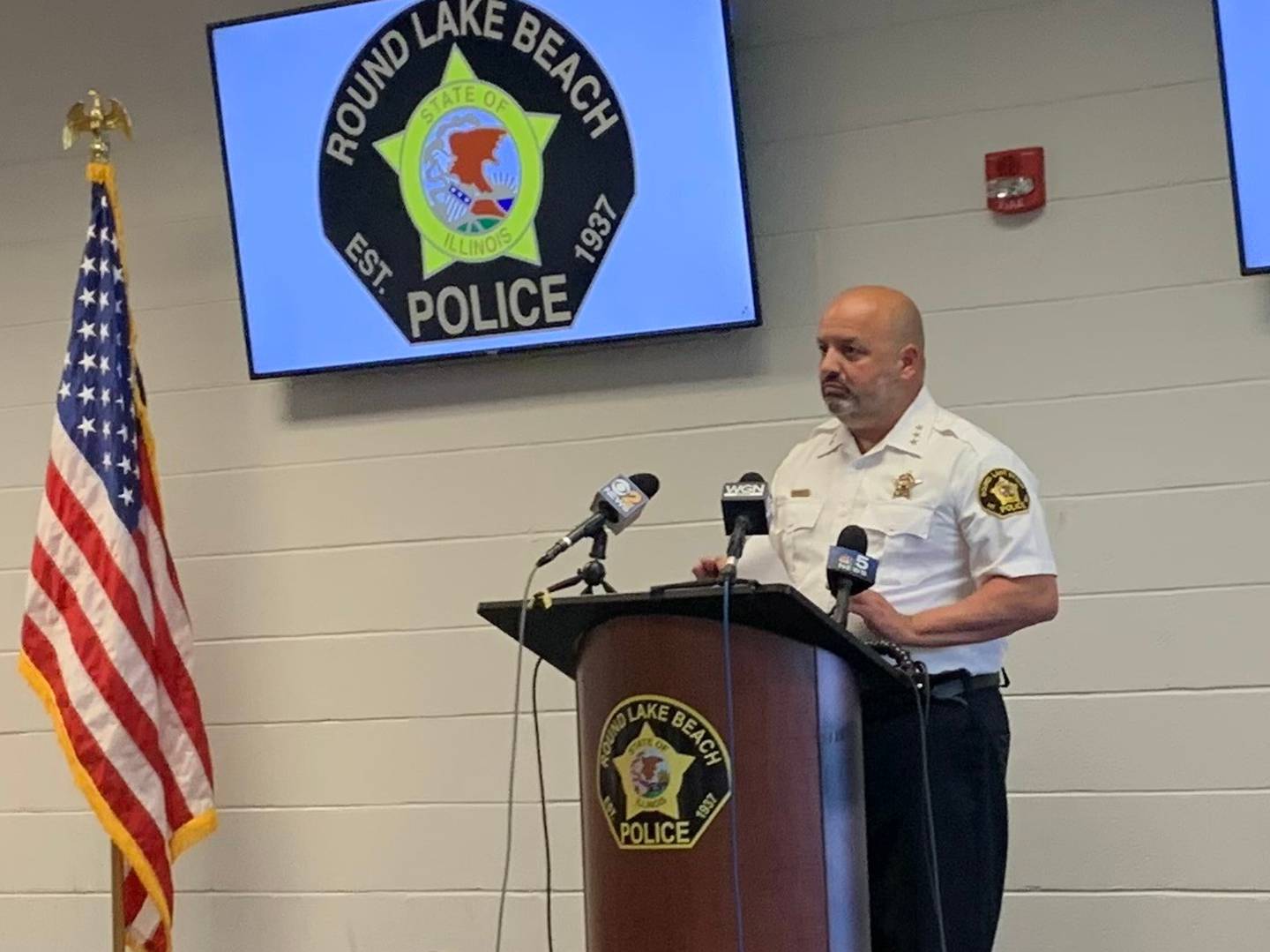 Round Lake Beach Police Chief Gilbert Rivera speaks at a news conference on June 14, 2022, at the Round Lake Beach Police Department.