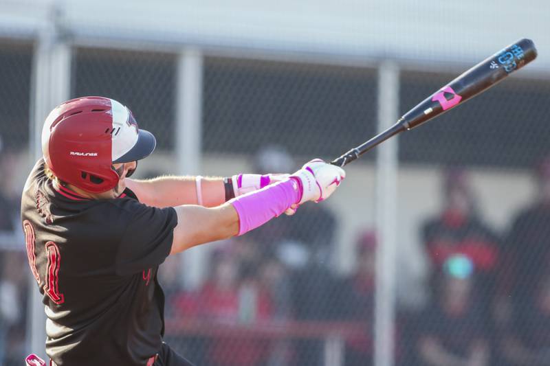 Yorkville's Bodhi Harrison (11) swings at a pitch during baseball game between Oswego at Yorkville. Thursday, May 8, 2025 in Yorkville.