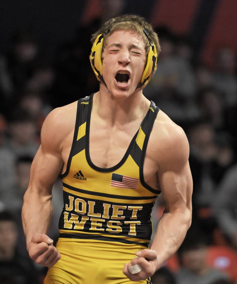 Joliet West’s Carson Weber reacts after defeating Lockport’s Justin Wardlow in the Class 3A 150-pound final at the IHSA boys state wrestling championships at the State Farm Center in Champaign on Saturday, Feb. 22, 2025.