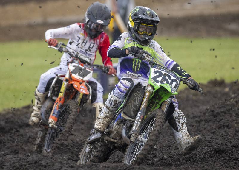 Carson Wood (front) and Colby Lessar (back) battle for position in the supermini portion of the Super Motocross Finals which features the promising youth of the sport.