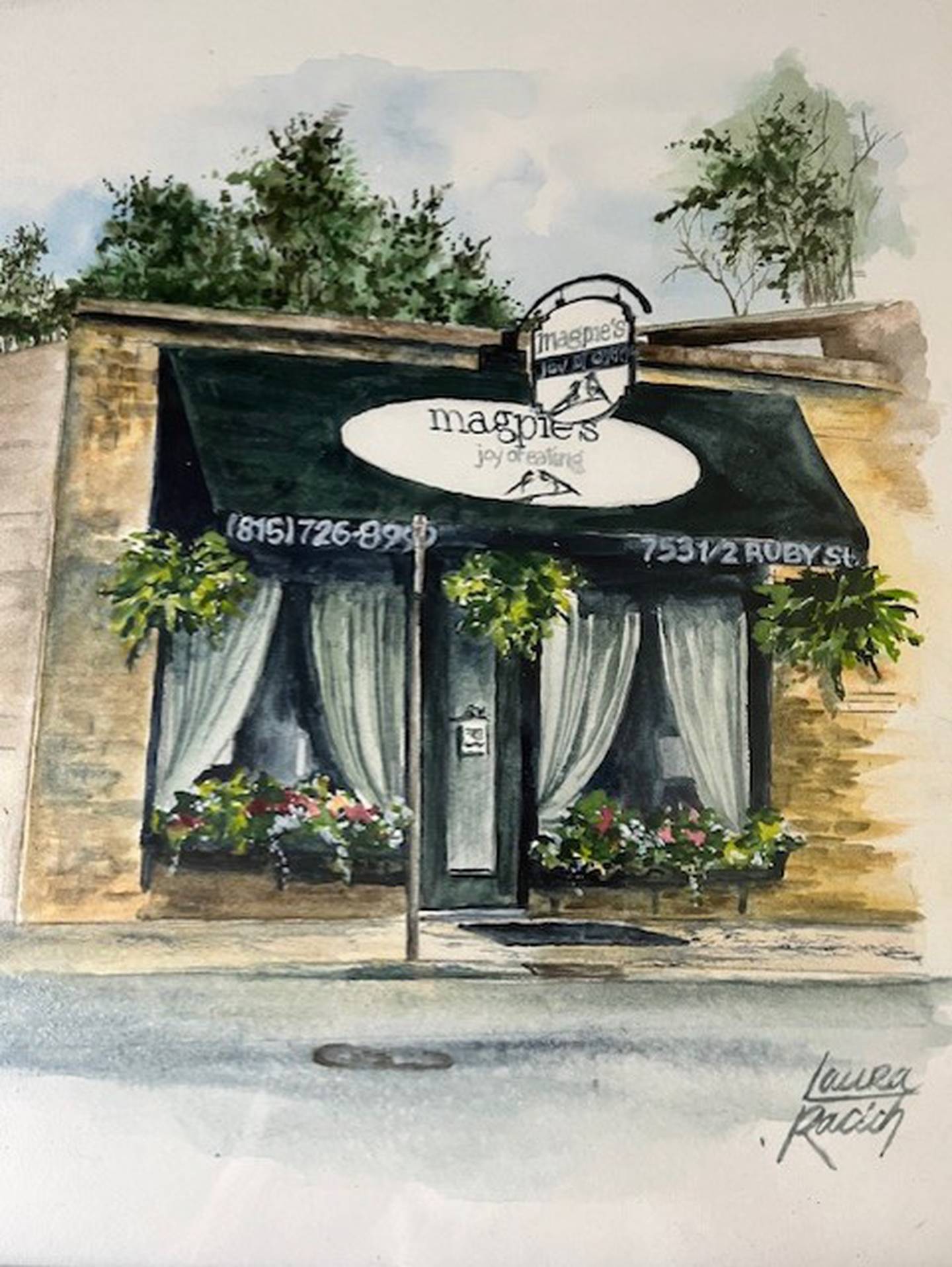 Laura Racich's painting of Magpie's Joy of Eating created for Meg Gillespie.