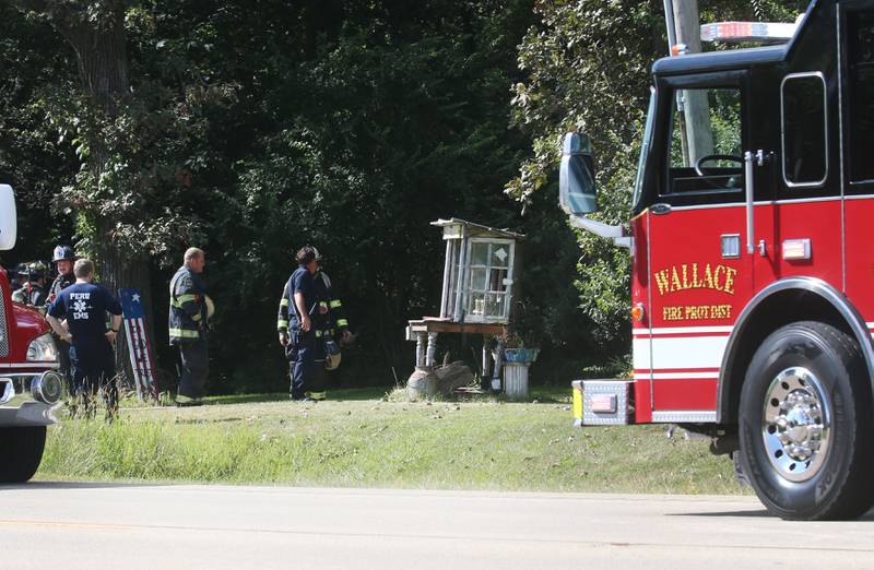 Wallace firefighters arrive on the scene to a structure fire in the 800 block of U.S. Route 6 on Tuesday, Aug. 26, 2025 near Utica.