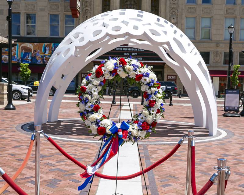 The Memorial Wreath at the Memorial Day Commemoration at Joliet City Square.  May 20, 2026 in Joliet.