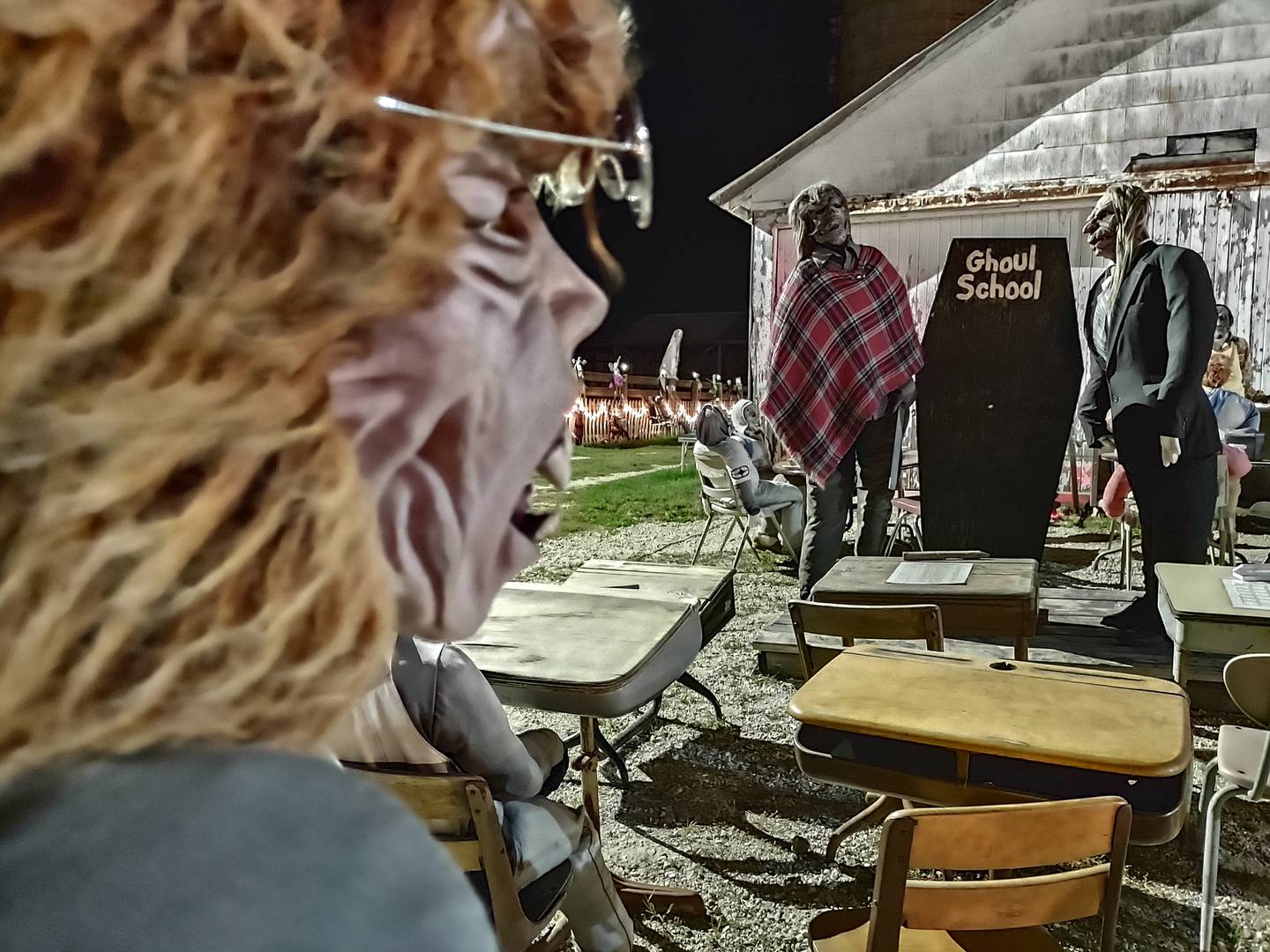 A classroom scene for Ghoul School is among the October 2023 displays at Sturtevant Haunted Farm in rural Walnut.
