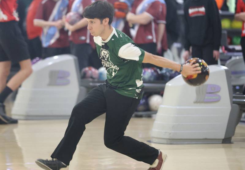 St. Bede's Julian Villava,, bowls on Friday, Jan. 16, 2026 at the Illinois Valley Super Bowl in Peru.