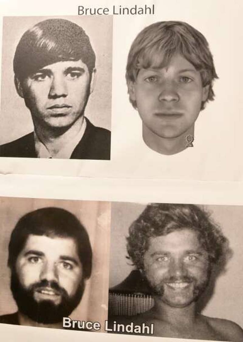 Bruce Lindahl's Downers Grove North High School yearbook photo (top left), the sketch authorities made based on DNA found in the clothing of murder victim Pamela Maurer, and other photos of Lindahl.