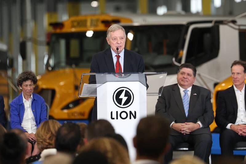U.S. Senator of Illinois Dick Durbin speaks at the grand opening of the Lion Electric manufacturing facility on Friday, July 21st, 2023 in Joliet.