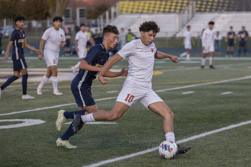 Lasalle-Peru’s Giovanni Garcia makes a kick upfield against Sterling Tuesday, Oct. 17, 2023 in a regional semifinal in Sterling.