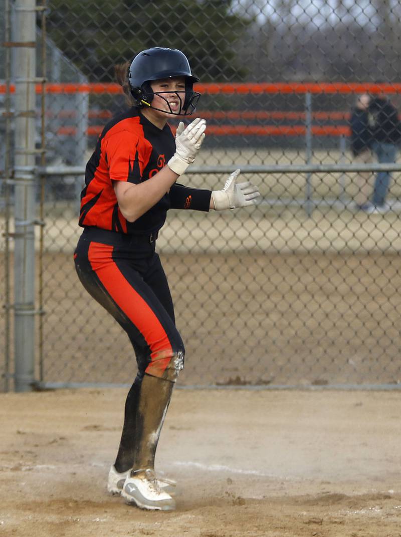 Crystal Lake Central's Oli Victorine celebrates scoring a run during a nonconference softball game against Wauconda on Friday, March 20, 2026, at Crystal Lake Central High School.