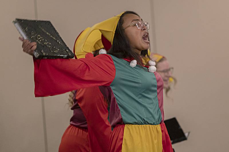 One of three Jesters greets the crowd Thursday, Dec. 21, 2023 during Dixon High School’s Madrigal dinner. The show was performed in three acts, directed by choir teacher Erin Rogers.