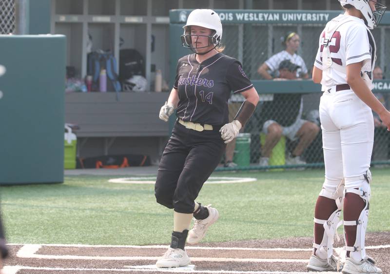 Serena's Lanee Cole scores the teams second run against LeRoy during the Class 1A Supersectional game on Monday, June 2, 2025 at Illinois Wesleyan Univesity in Bloomington.