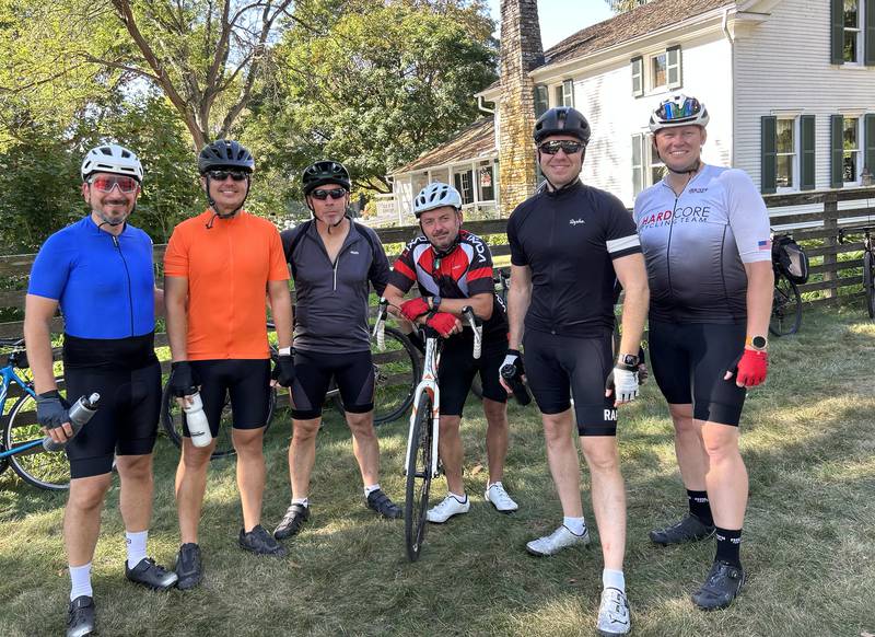Bicyclists from Homer Glen, Wheaton and Naperville stopped at the John Deere Historic Site rest stop during the 10th annual TOSOC (Tour of Scenic Ogle County) on Saturday, Sept. 27, 2025.
