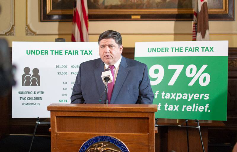 Gov. JB Pritzker is pictured in his Capitol office in 2019 during a news conference promoting a graduated income tax proposal. Voters rejected the constitutional amendment in 2020, and Pritzker says it’s no longer a legislative priority.